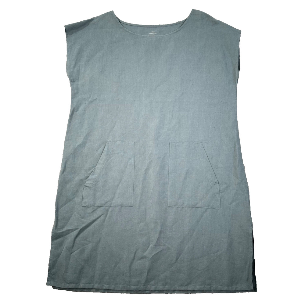 Vikolino Linen Shift Dress Women's L/XL Blue Green Pockets Laganlook Side Slit